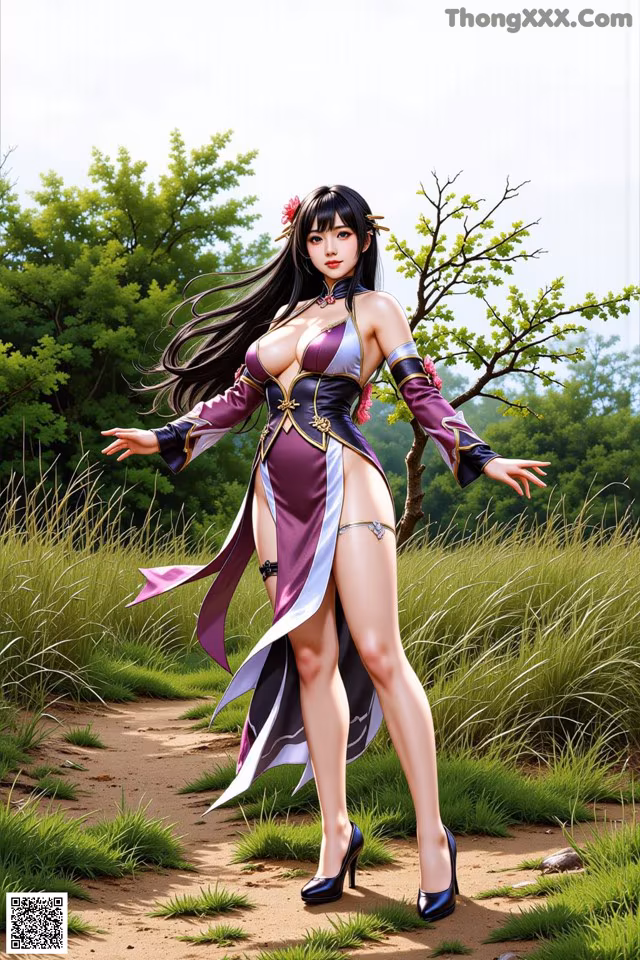 A woman in a purple and white dress standing on a dirt road.
