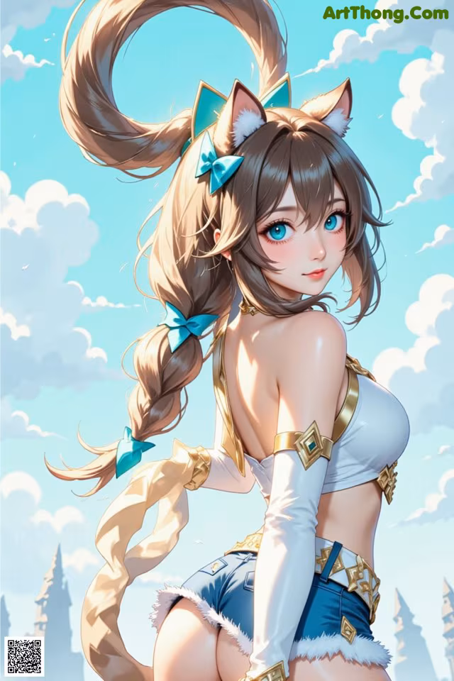 A girl with long hair wearing a cat ears headband.