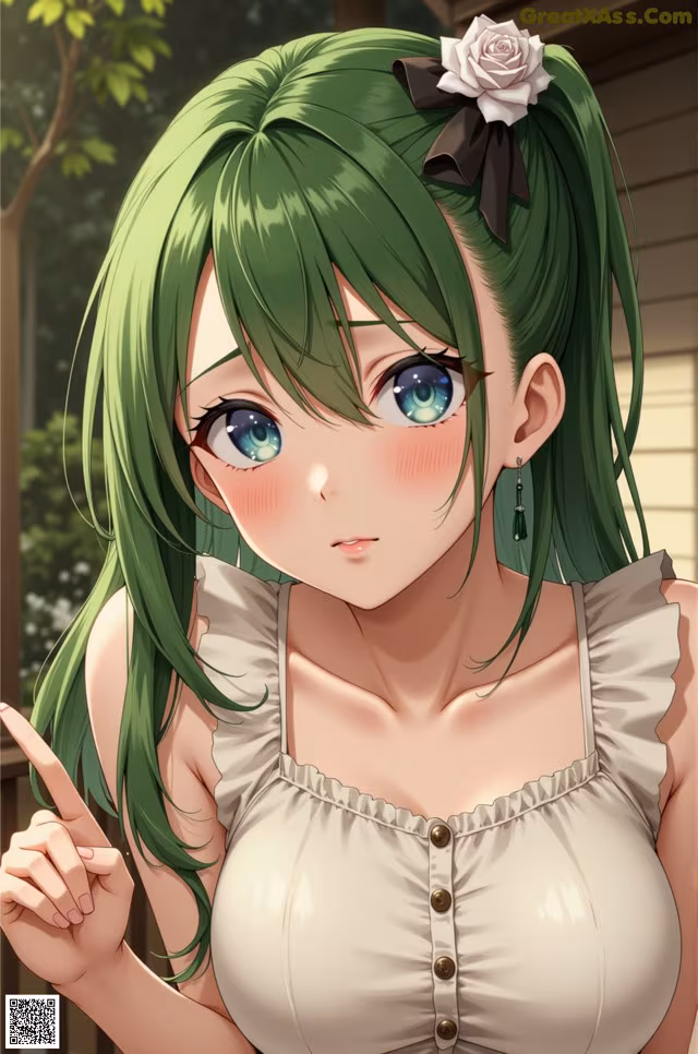Anime girl with green hair and a flower in her hair.