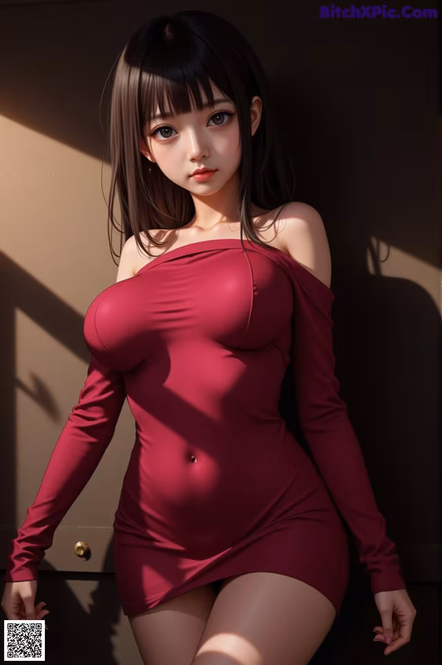 A woman in a red dress posing for a picture.