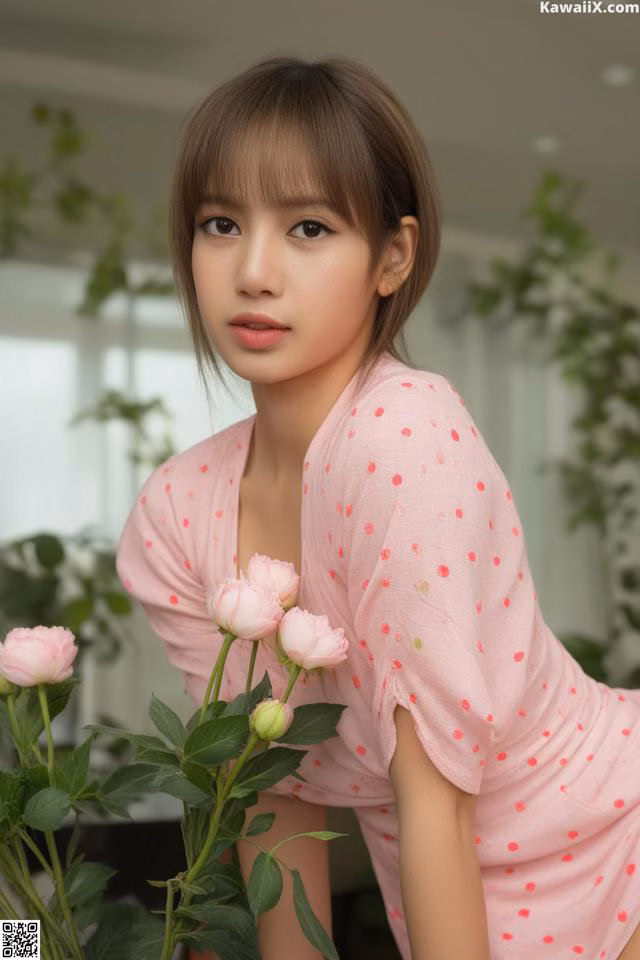 A woman in a pink polka dot shirt holding a bunch of flowers.