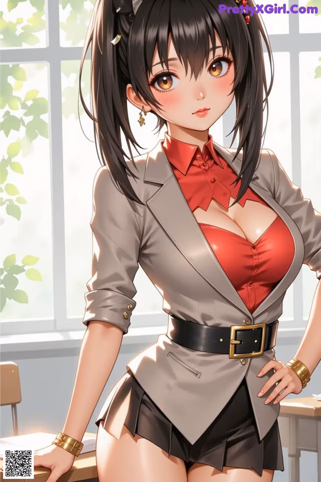 A woman in a school uniform posing for a picture.