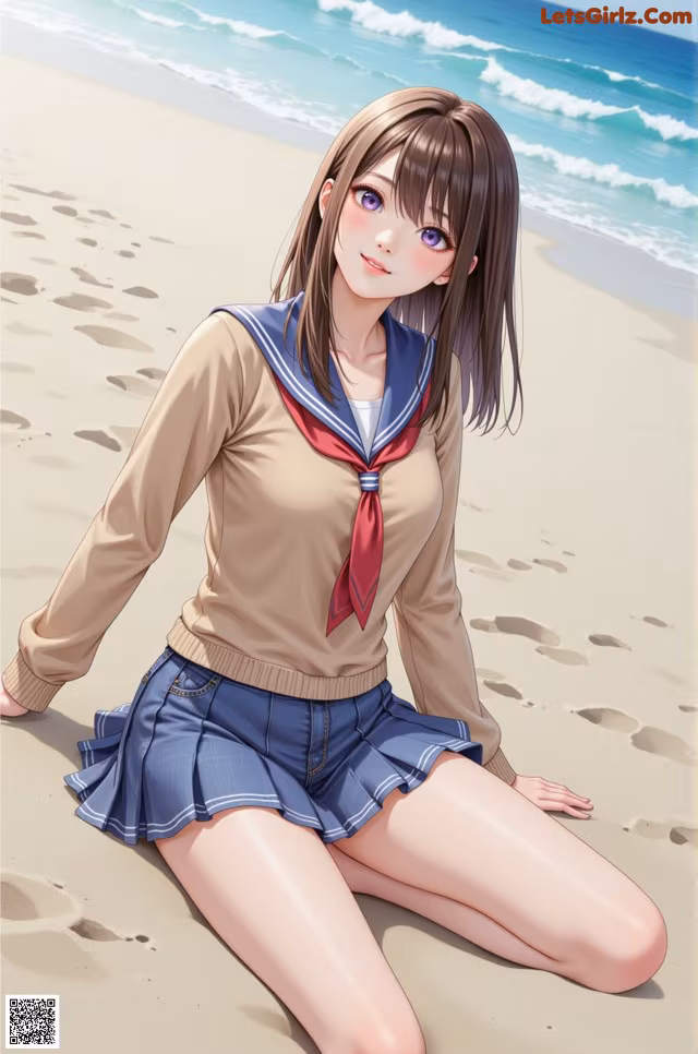 A girl in a school uniform sitting on the beach.