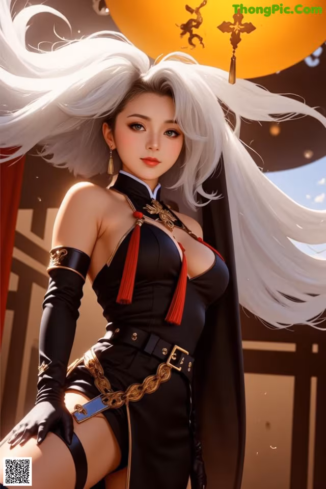 A woman in a black dress with long white hair.